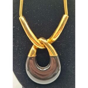 TRIFARI Goldtone & Black Lucite Modernist Necklace Pendant 60's Vintage